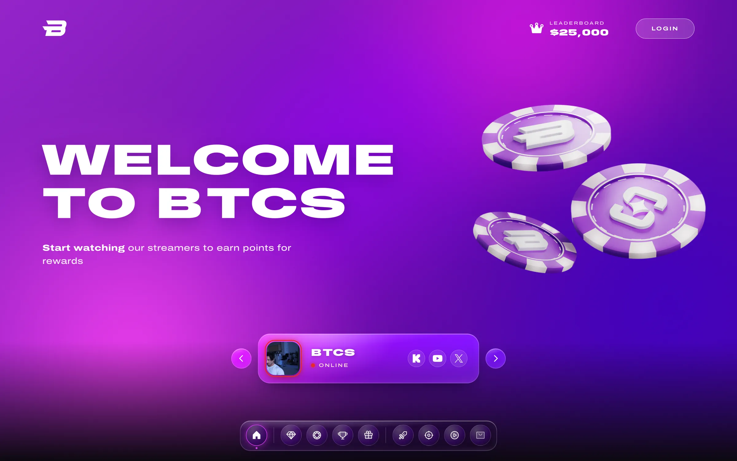 BTCS homepage, version 2: a purple hero reading “Welcome to BTCS” with 3D poker chips and a live streamer card.