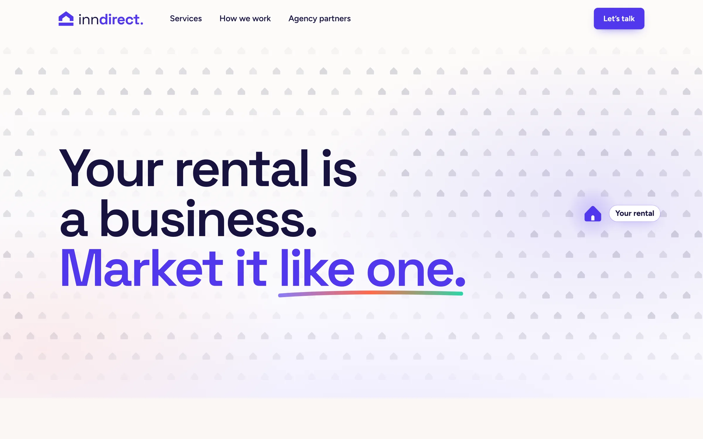 The InnDirect homepage: "Your rental is a business. Market it like one." in large dark type with the last line in violet, beside a field of small house icons.