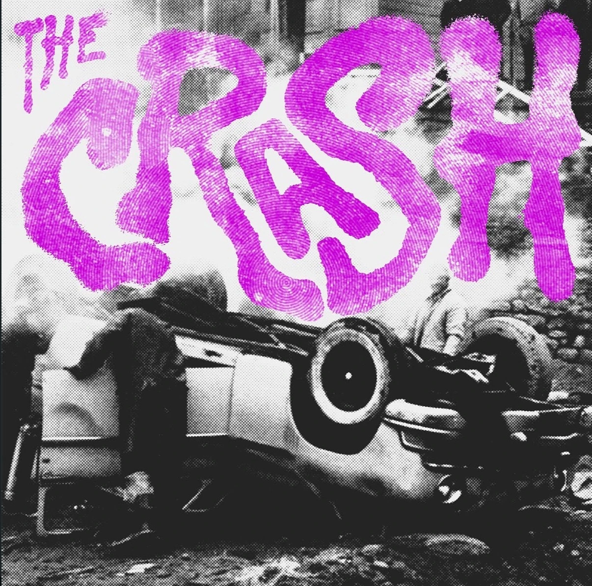 Album artwork, "The Crash": rough hand-drawn magenta lettering over a high-contrast black and white photo of an overturned car.