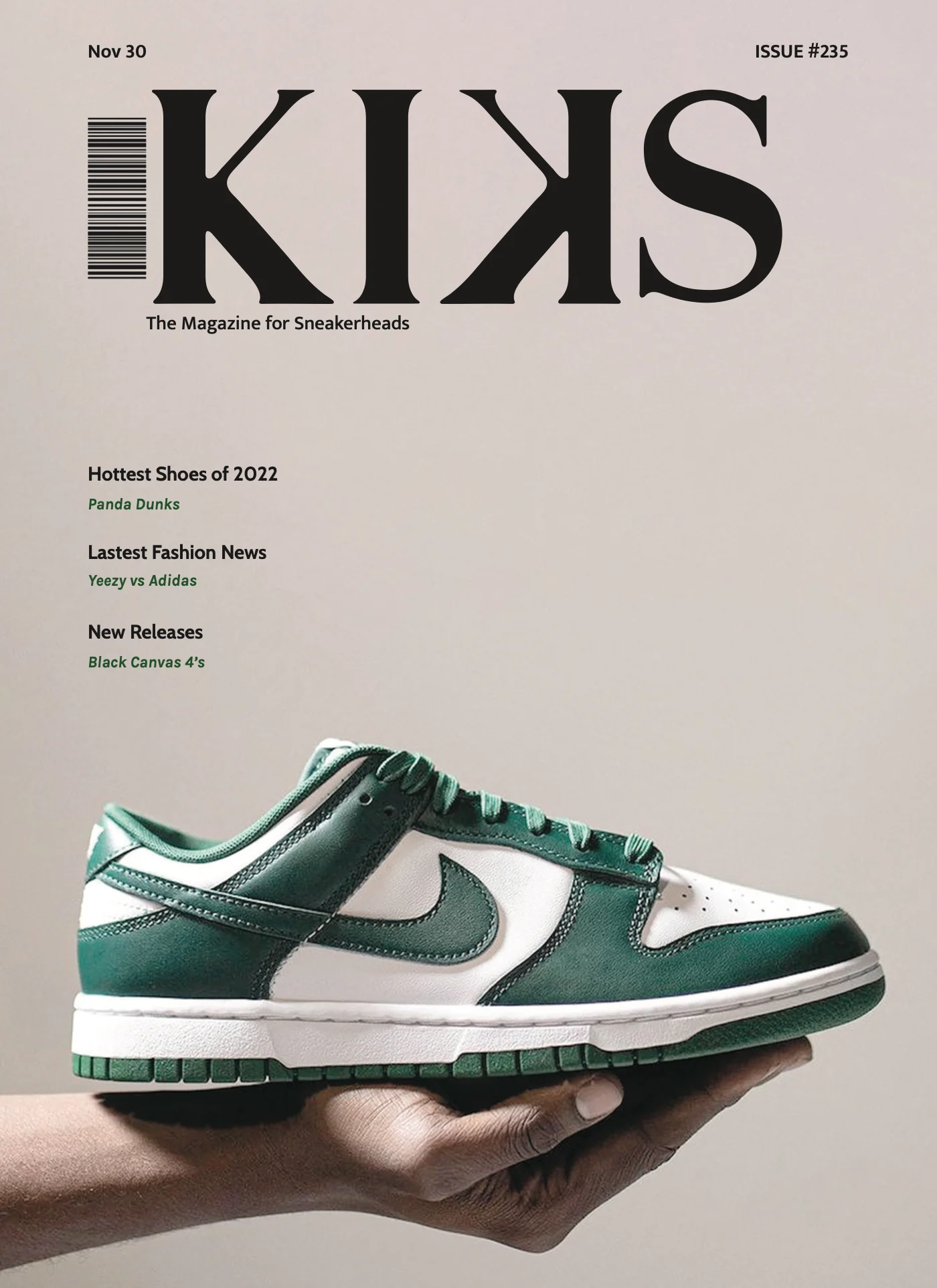 KIKS magazine cover, issue 235: the KIKS masthead with a reversed K, cover lines down the left, and a hand holding a green and white Nike Dunk.